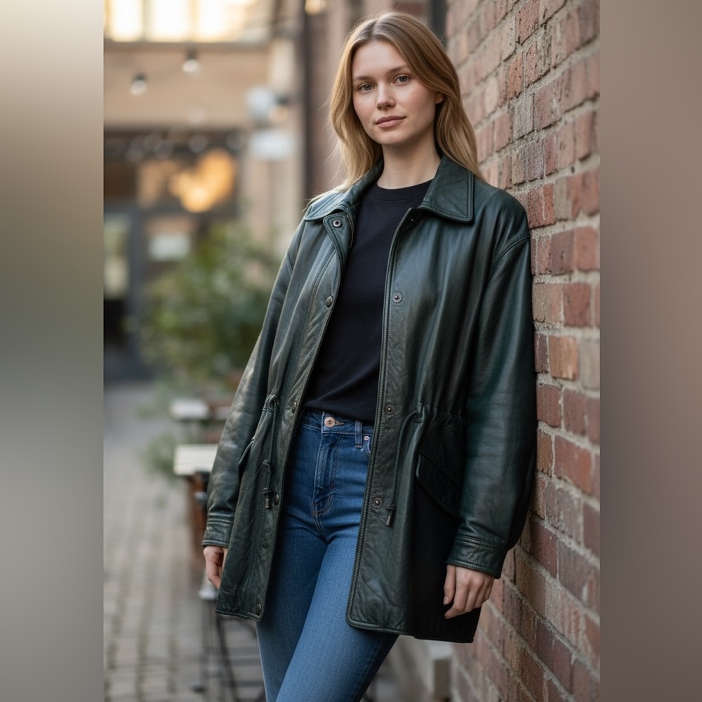 #438 Danier Dark Green Leather Jacket with Drawstring Waist